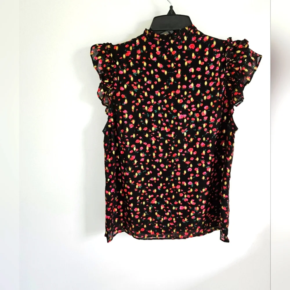 J Crew Black Gold Metallic Sleeveless Blouse Rose Print